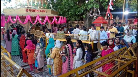 Shiva devotees gathered for Jalabhishek in the ancient Mankameshwar Mahadev temple of Prayagraj