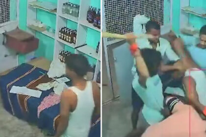 The goons broke into the liquor shop and beat up the salesman after knocking him down