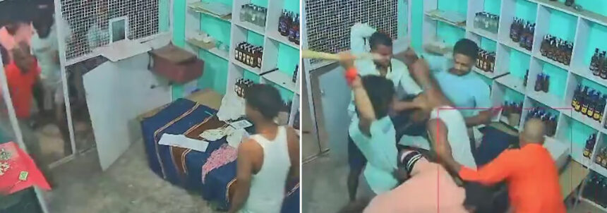 The goons broke into the liquor shop and beat up the salesman after knocking him down